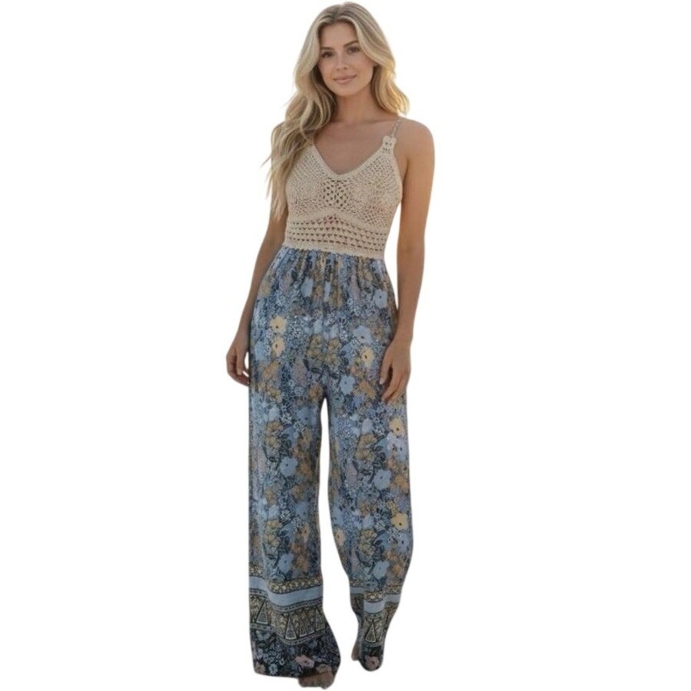BOG Collective Blue Floral Crochet Bodice Wide Leg Maxi Jumpsuit Dress Small